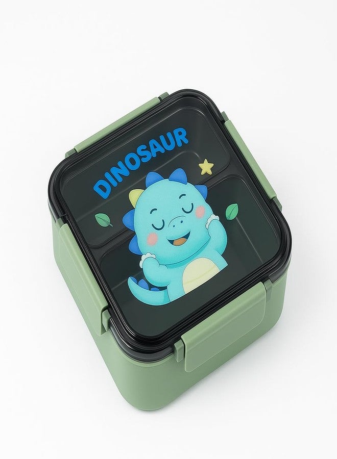 aDai Double Grid Compact Design Stainless Steel Lunch Box, Cartoon Design Leak Proof Tiffin for School Kids | Sealed with Silicon Ring with Safety Lock (Green) - Image 1
